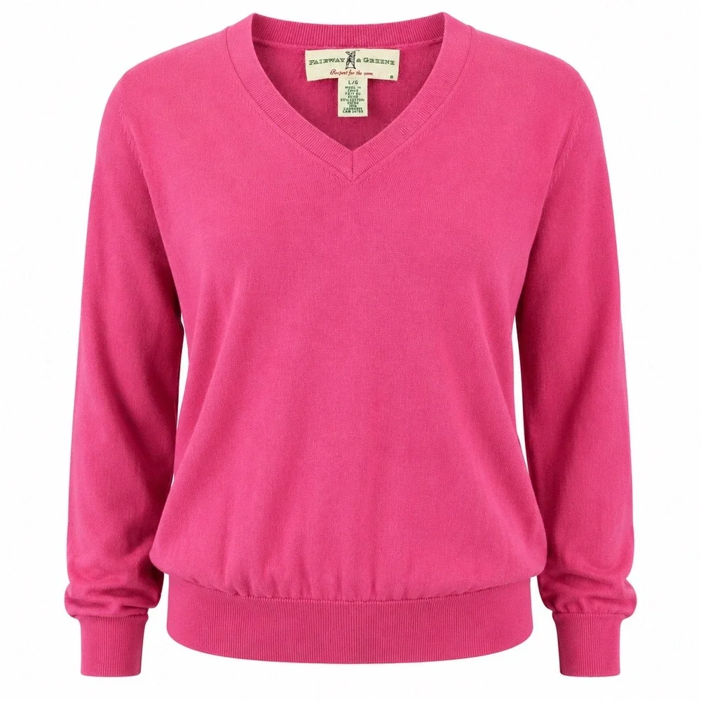 Vintage Fairway & Greene Sweater Size L Pink Cashmere Blend V Neck Golf Preppy